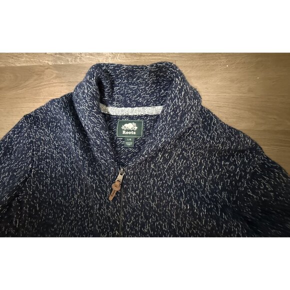 Roots Marled Knit Full-Zip Sweater Jacket Navy White Cotton Blend Size L - Picture 3 of 7